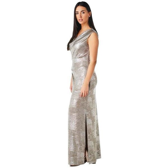 Connected Women’s Apparel Drape Neck Metallic Sheath Gown - Picture 3 of 3